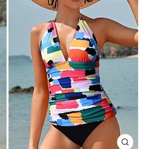 Women's 2 Piece Swimsuit W/ Paintstroke Tankini With Black Swim Pantie Yonique L